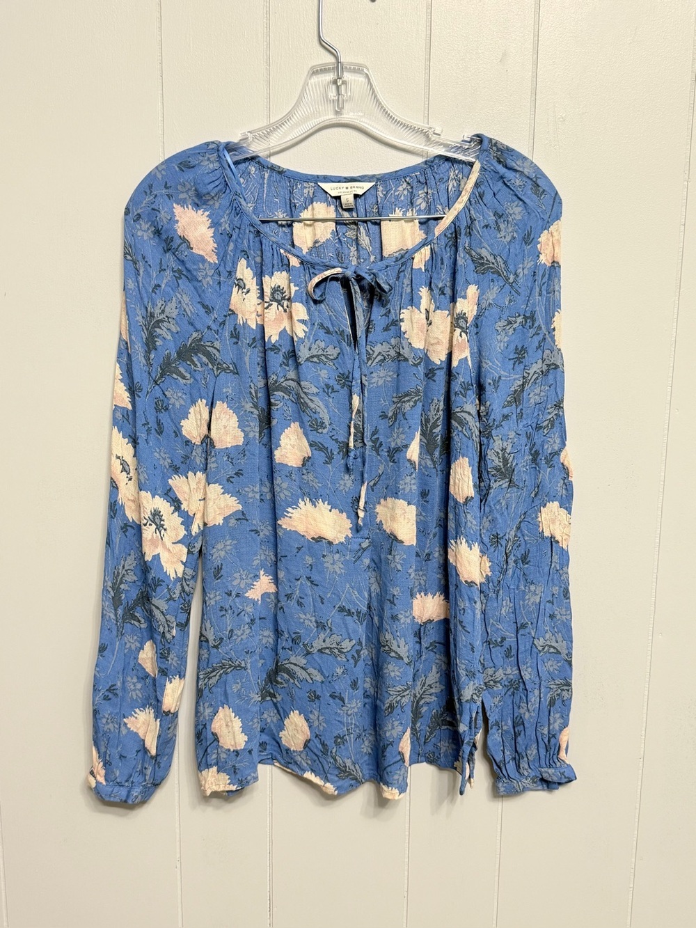 #7)  Lucky Brand Blue Floral Tie-Front Blouse with Cream Blooms